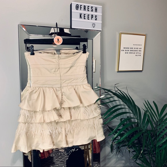 BEBE Cream Cocktail Dress w/ ruffles and feathers - Picture 2 of 3